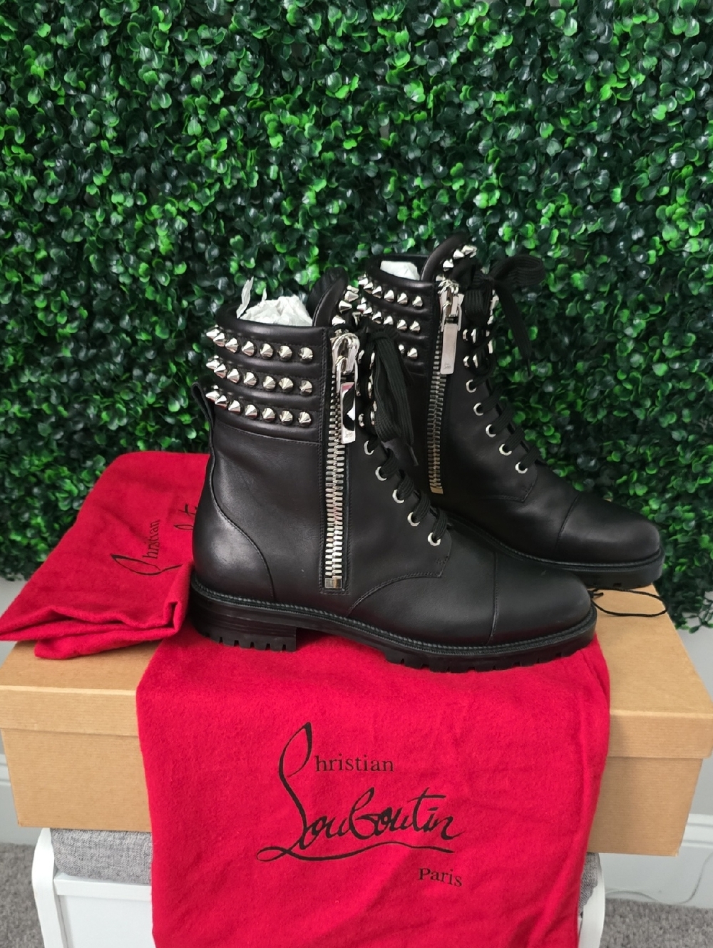 Christian Louboutin Black Winter Spikes Flat Calf boots.
